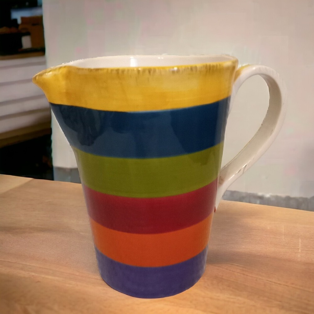 Vintage Rainbow Striped Ceramic Water Tea Pitcher 64oz 1/2 Gal Cypress Home READ